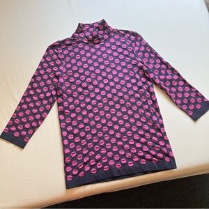 WOLFORD navy blue pink dot mock turtleneck 3/4 long sleeve textured knit top